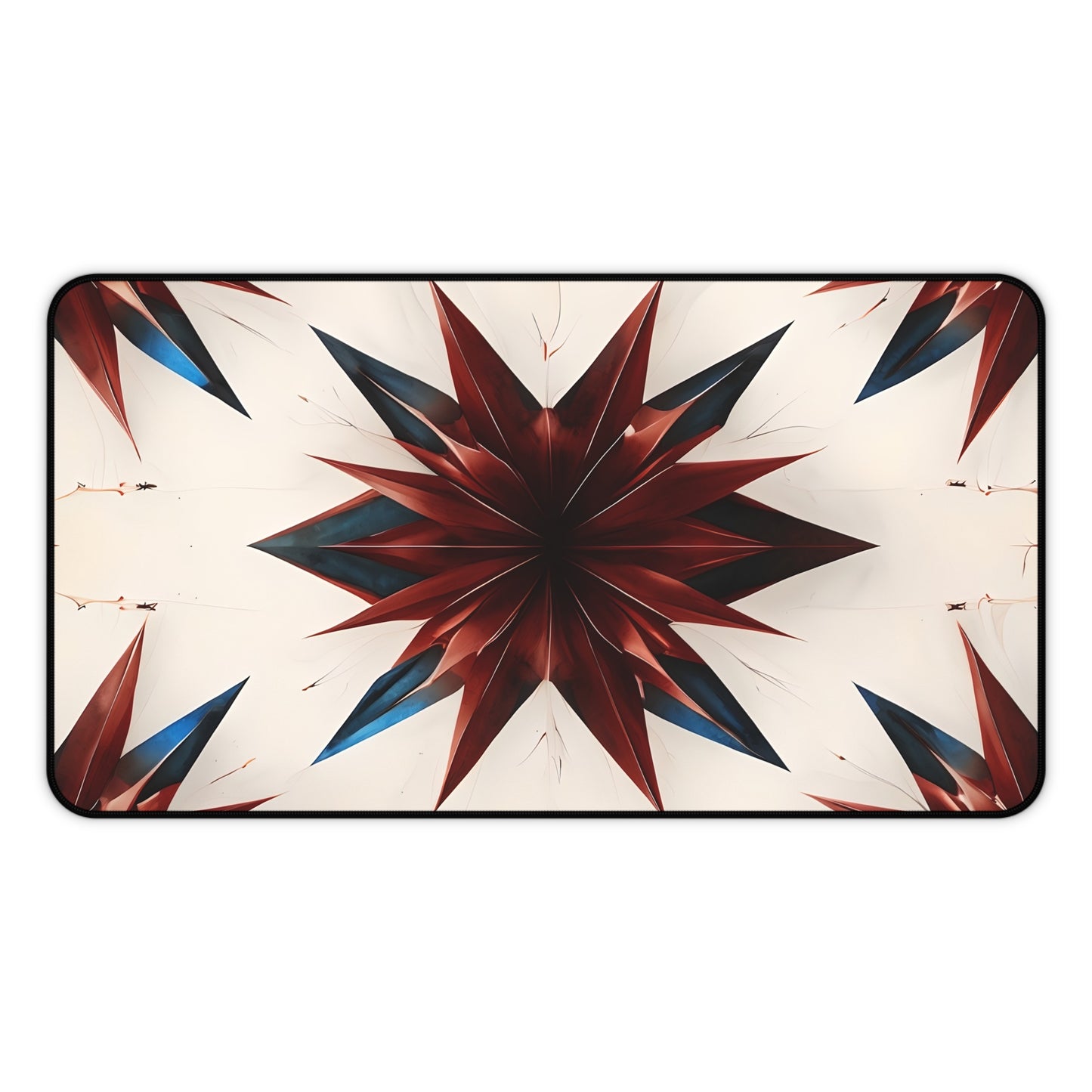 Garnet Starburst desk mat featuring dramatic red, white and blue starburst geometric design