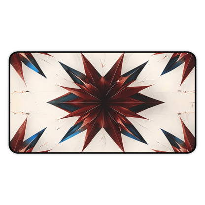 Garnet Starburst desk mat featuring dramatic red, white and blue starburst geometric design