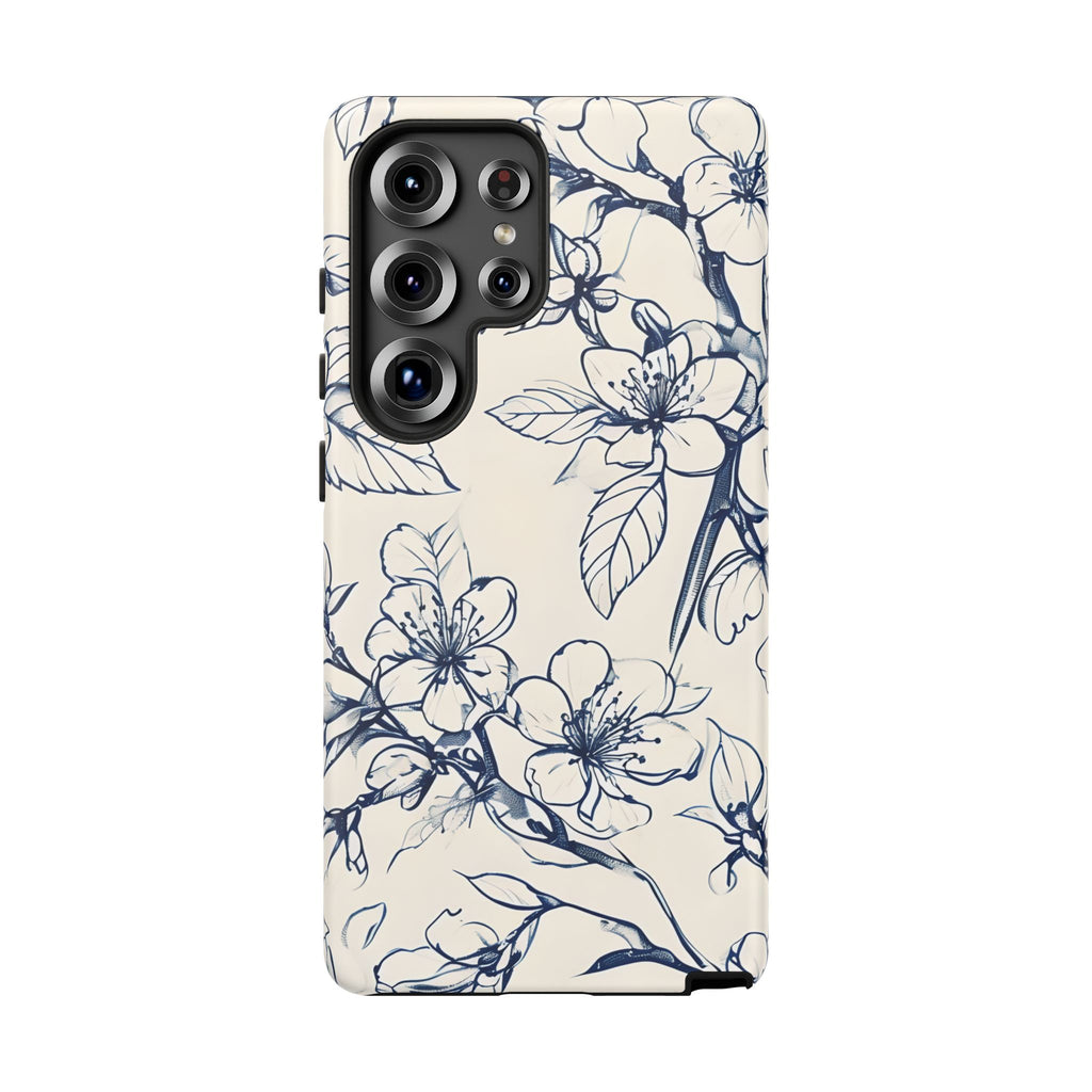 Blossom Sketch - Artistic Blue Floral Samsung Galaxy S25 Ultra Tough Phone Case - Hand-Drawn Botanical Design