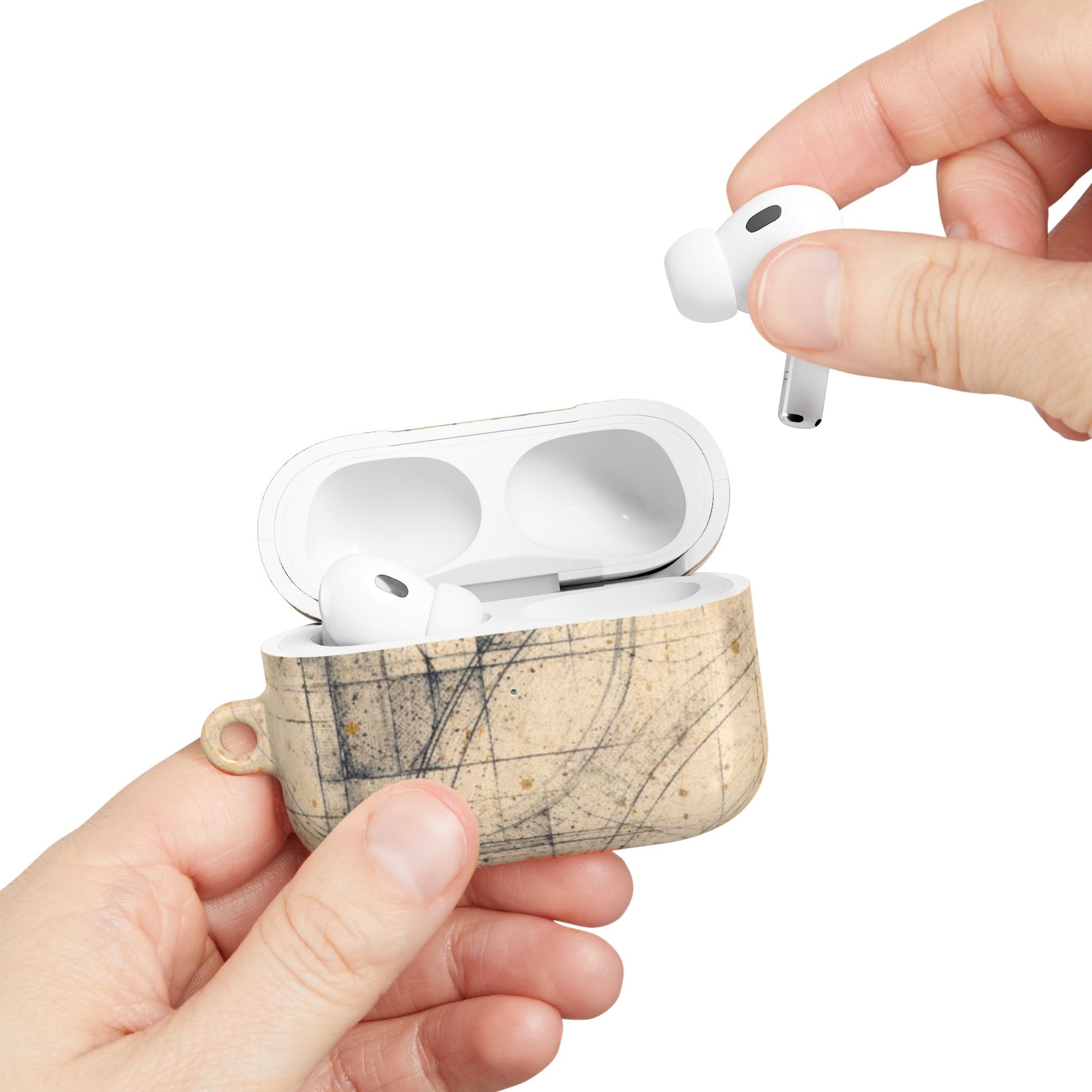 Hand placing AirPods into Architectural Parchment Blueprint AirPods case with vintage blueprint design