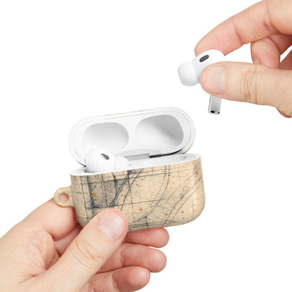 Hand placing AirPods into Architectural Parchment Blueprint AirPods case with vintage blueprint design