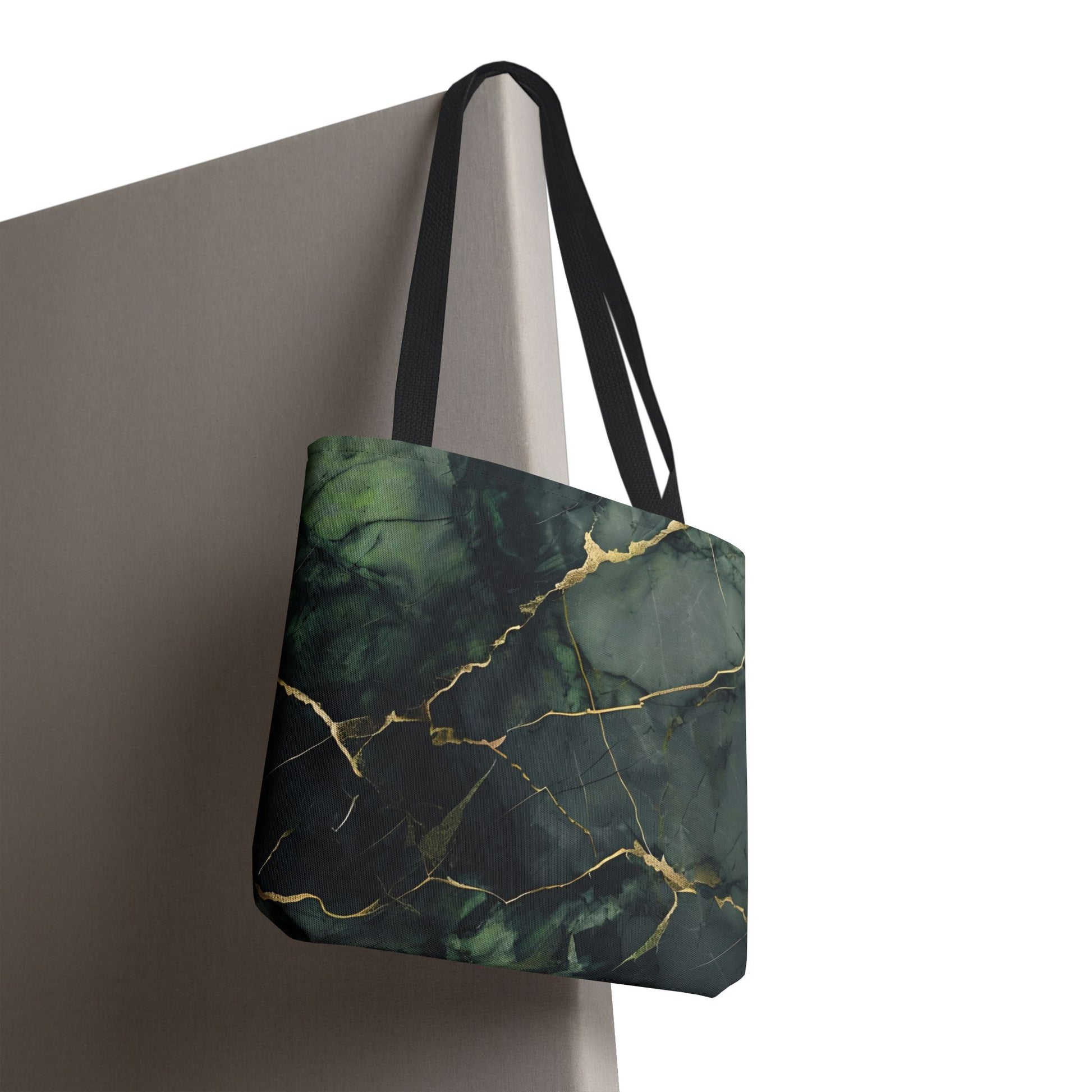 Verdant Vein canvas tote bag hanging with dramatic green marble vein design