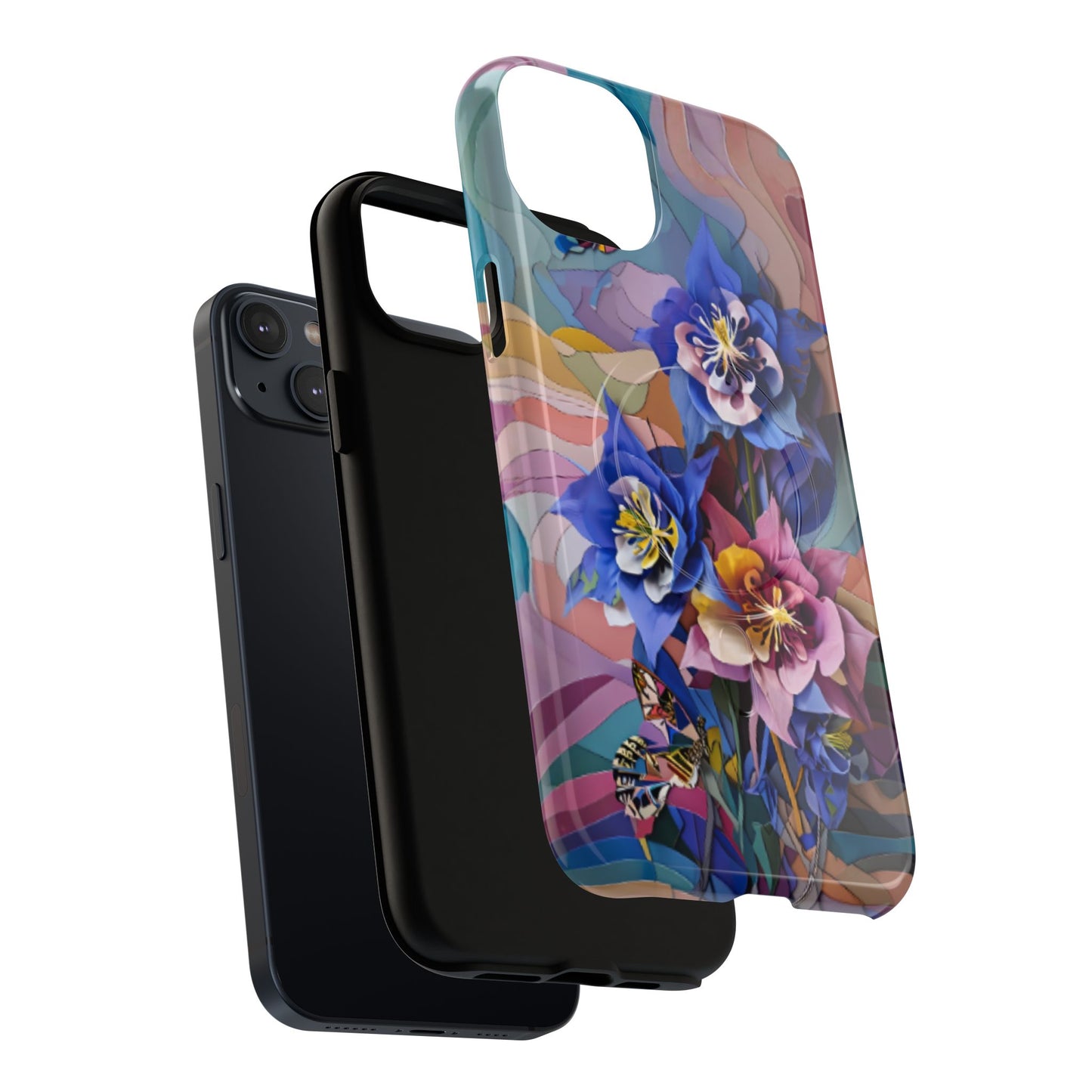 Dual-layer Blue Columbine Carnivale iPhone MagSafe case showing shock absorbing protection