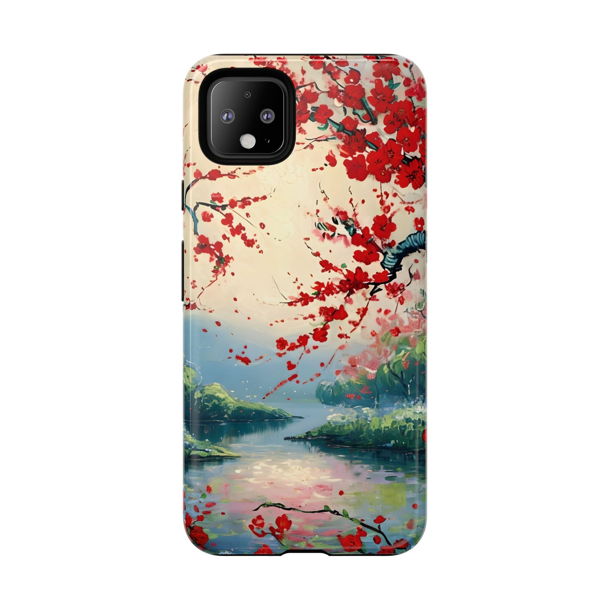 Crimson Blossom Lake - Artistic Floral Landscape Google Pixel 4XL Tough Phone Case - Red Cherry Blossoms & Serene Lake Design