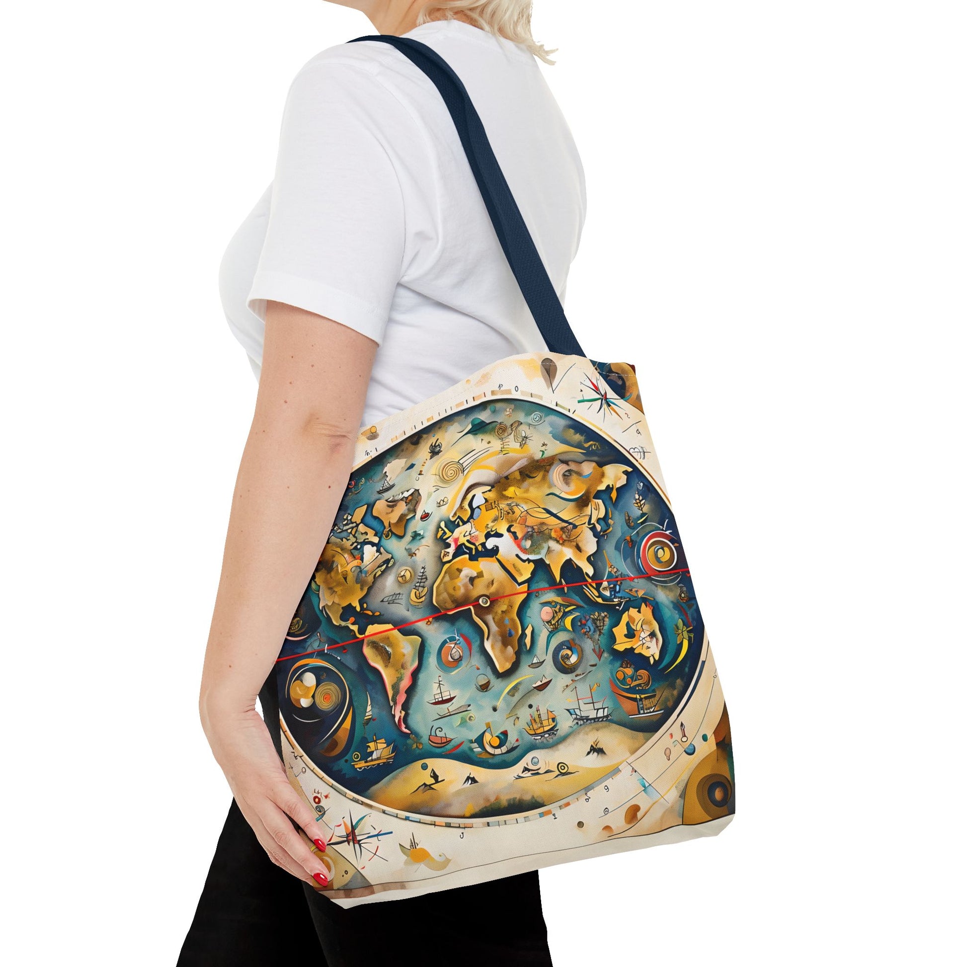 Celestial Map canvas tote bag worn over shoulder showing intricate cosmic star map design