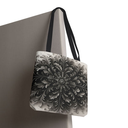 Obsidian Bloom canvas tote bag hanging with striking black bloom floral artwork