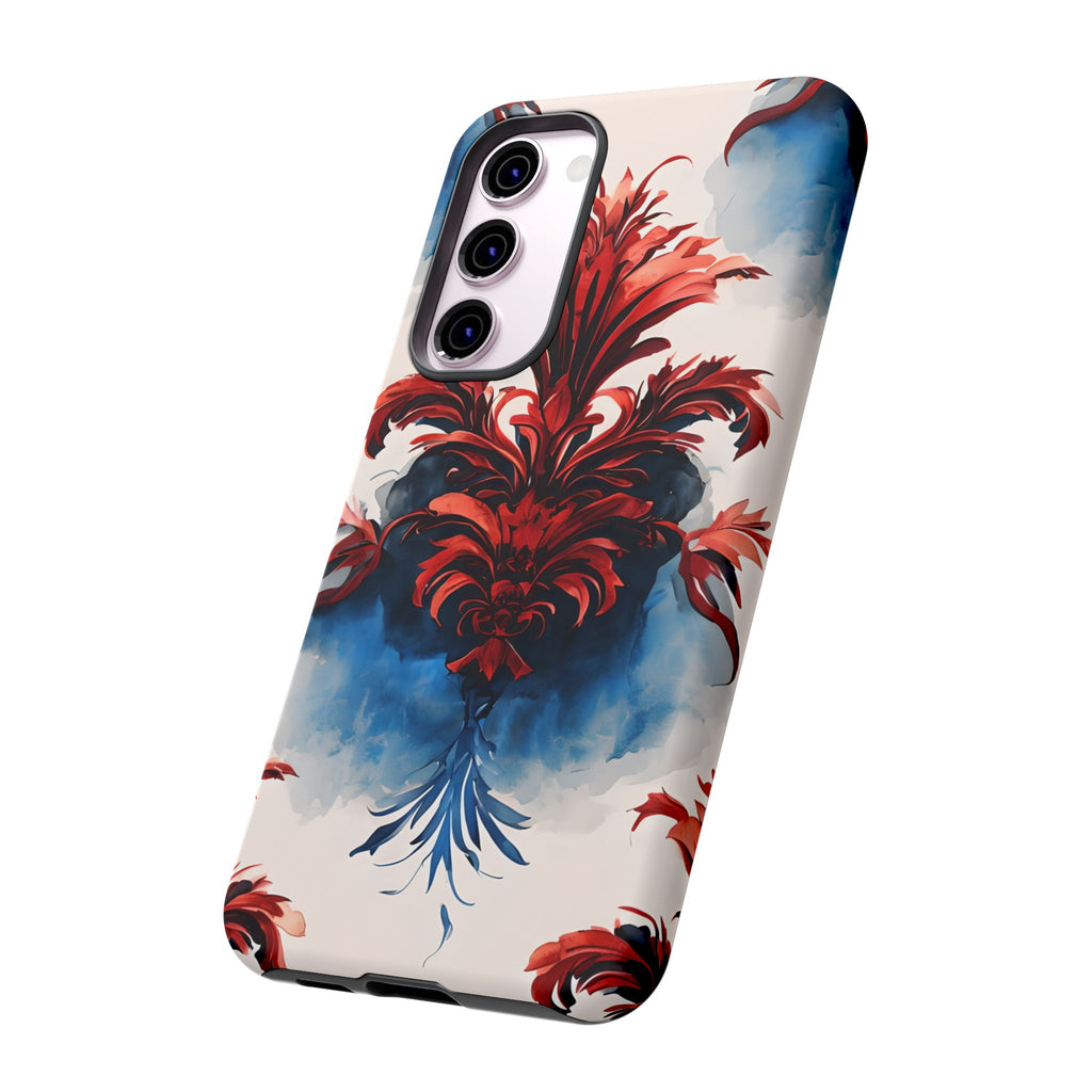 Crimson Plume - Bold Artistic Feather Samsung Galaxy S23 Plus Tough Phone Case - Dramatic Red & Blue Design