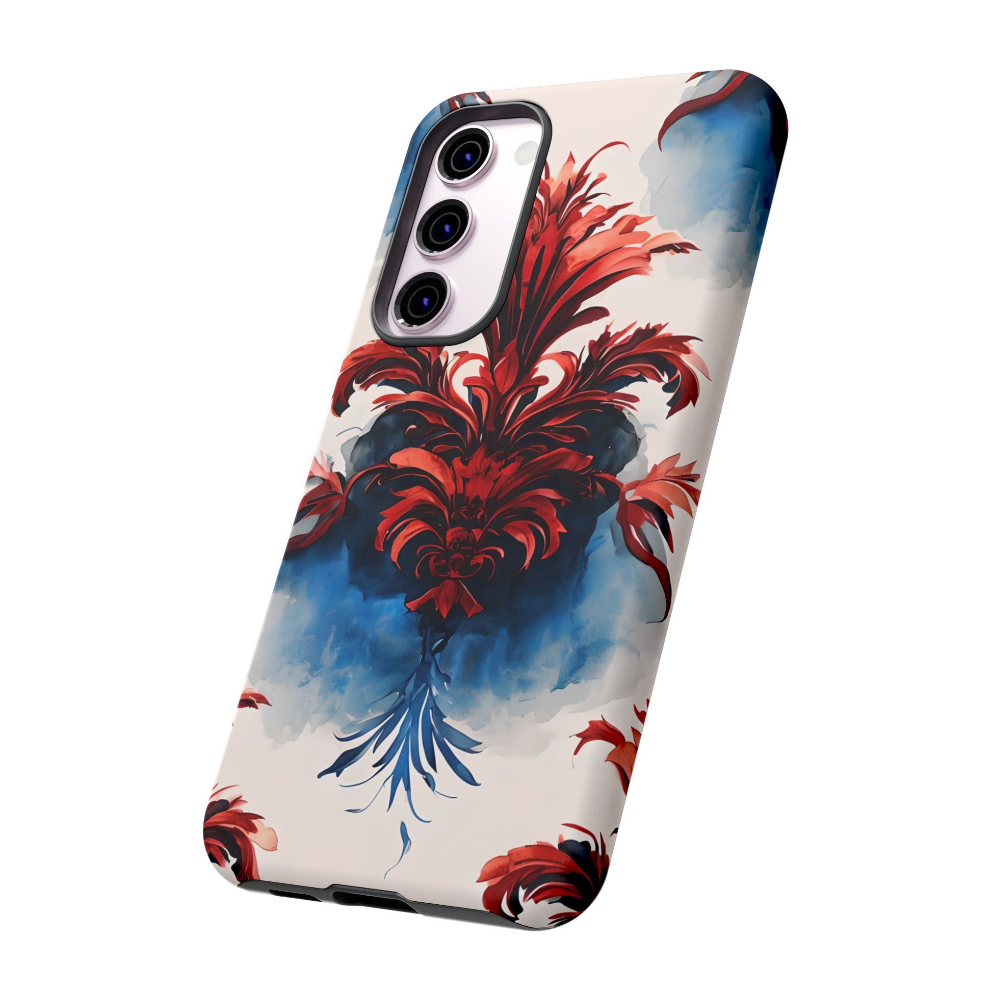 Crimson Plume - Bold Artistic Feather Samsung Galaxy S23 Plus Tough Phone Case - Dramatic Red & Blue Design