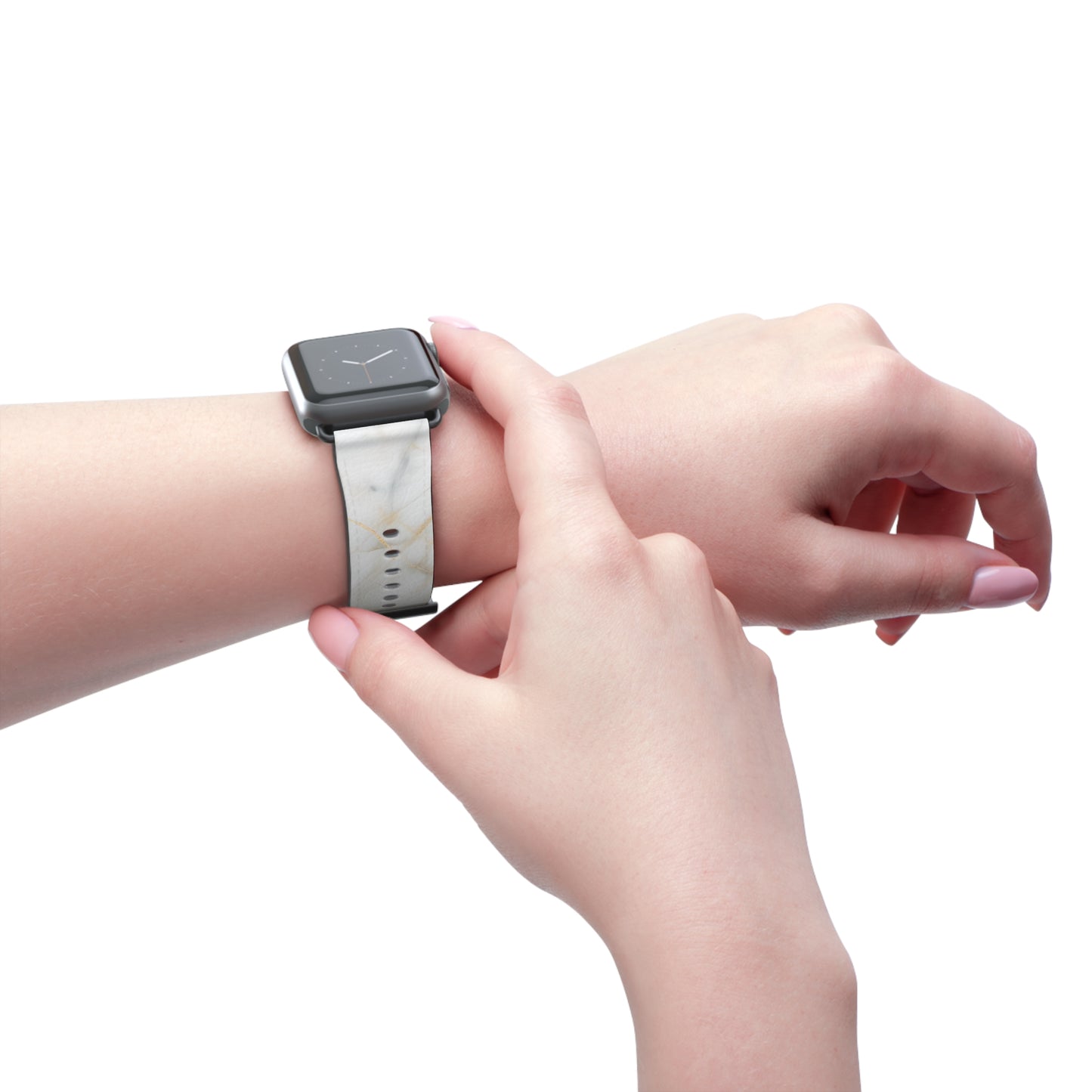 Golden Vein Apple Watch band worn on wrist featuring elegant white marble pattern with gold veining