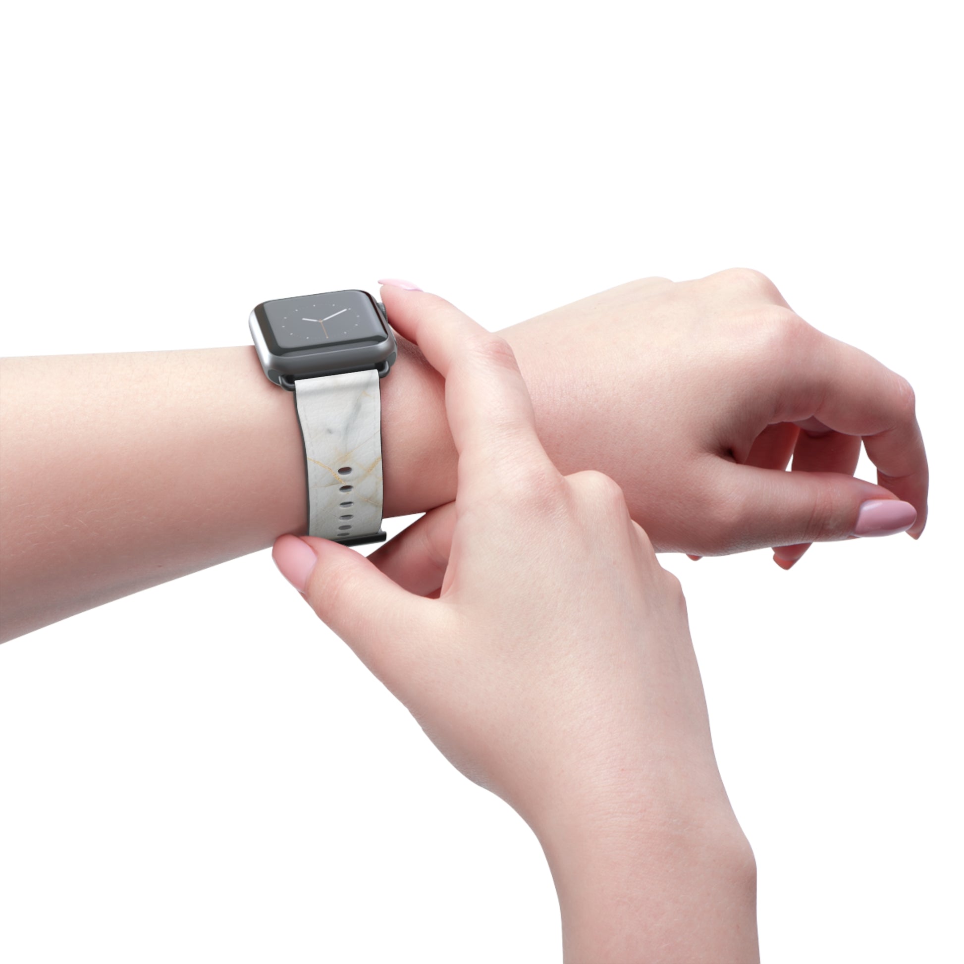 Golden Vein Apple Watch band worn on wrist featuring elegant white marble pattern with gold veining