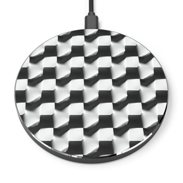 Monochrome Grid Qi Wireless Charger - 10W Fast Charging Pad for iPhone 15/16 - MagSafe Compatible Black and White Design