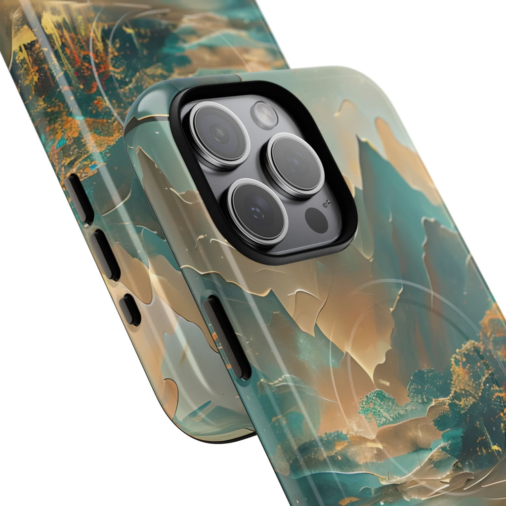 Misty Horizon - Serene Landscape Art iPhone 15 Pro Max MagSafe Phone Case - Tranquil Mountain & Lake Design