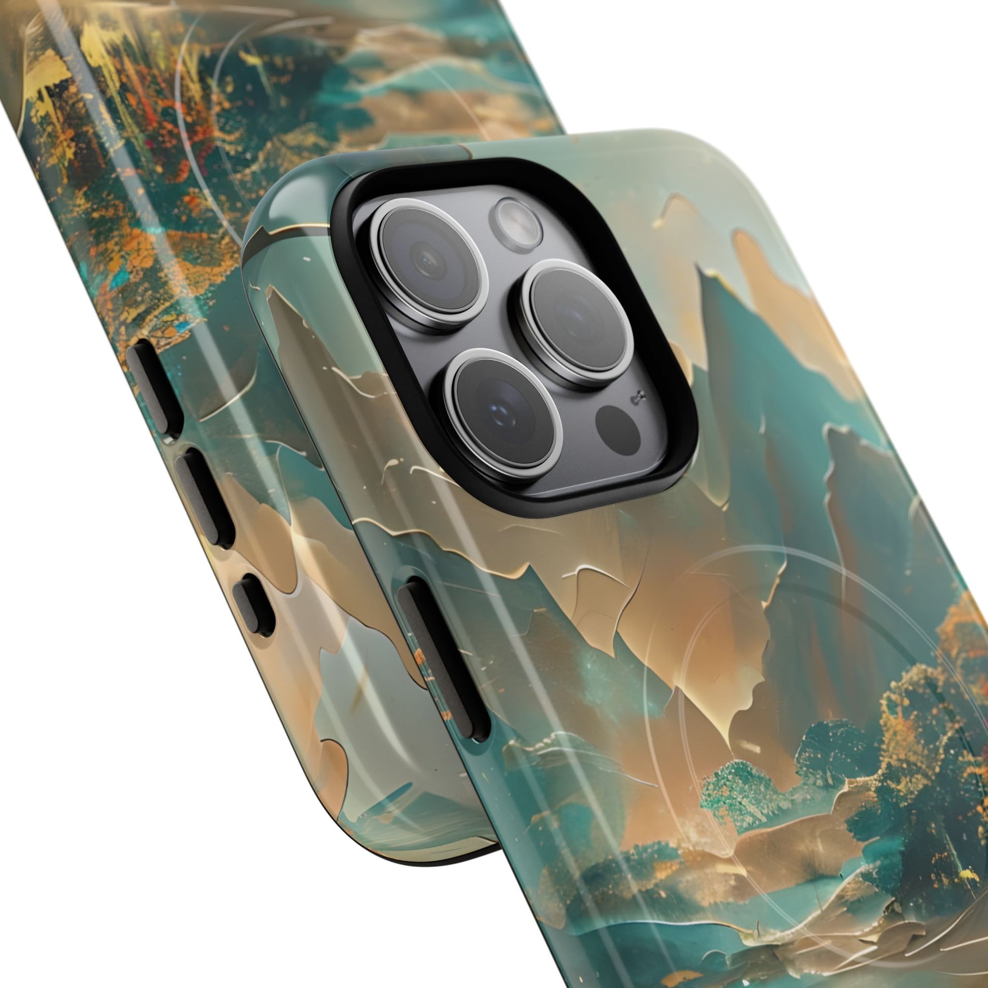 Misty Horizon - Serene Landscape Art iPhone 15 Pro Max MagSafe Phone Case - Tranquil Mountain & Lake Design
