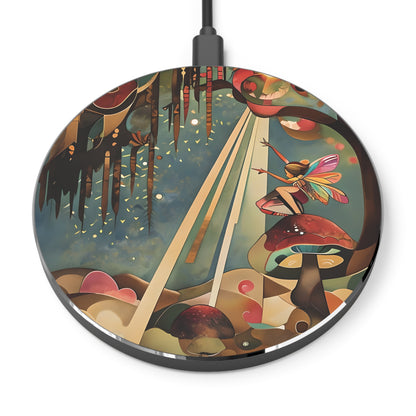 Enchanted Orchard fantasy woodland decorative Qi wireless charger with fairy on mushroom in magical forest