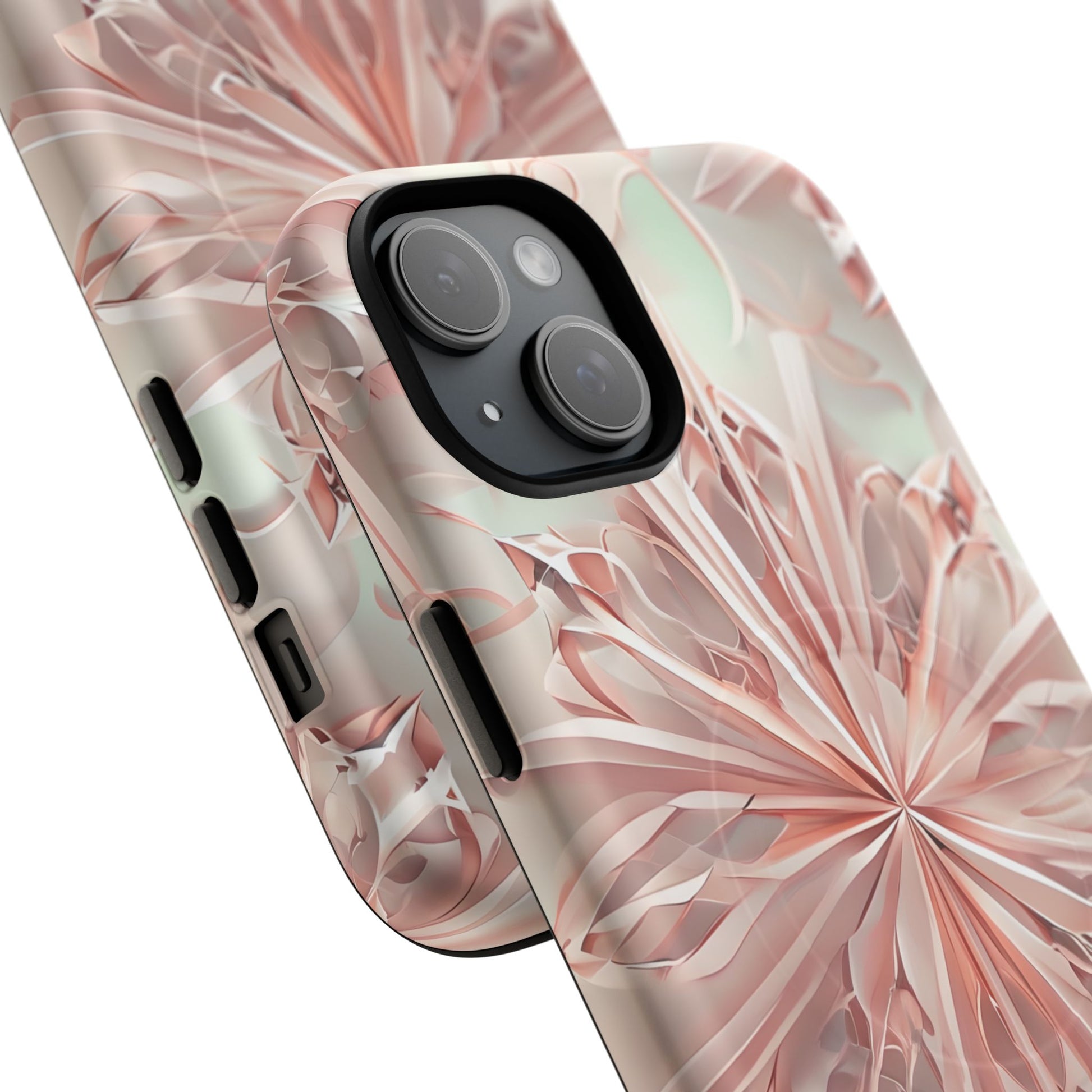 Blush Frost iPhone 15 Plus - Kaleidoscope Collection of MagSafe Compatible - Soft Pink Geometric Floral Design