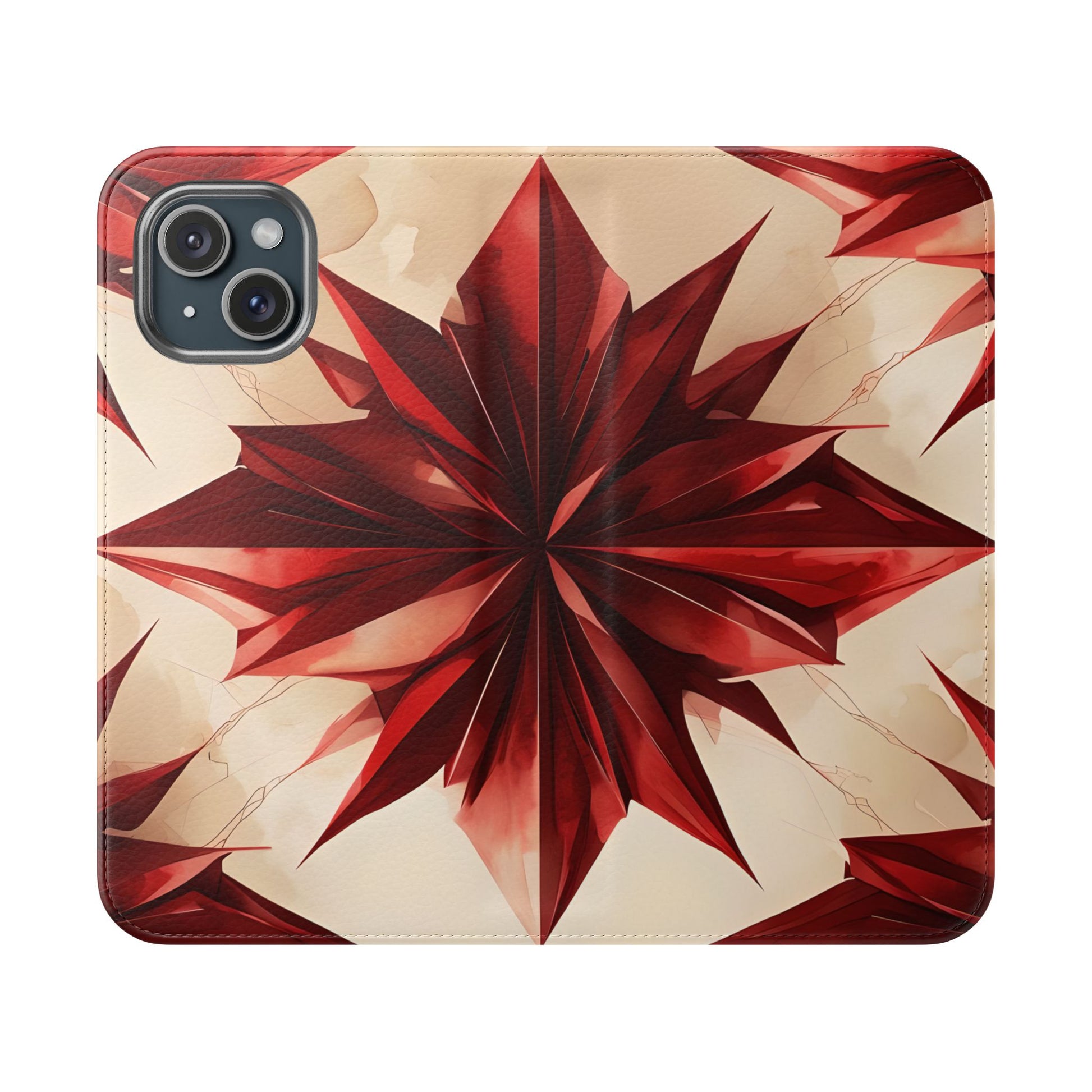 Ruby Compass iPhone 15 Wallet Case - Bold Geometric Flip Cover with Card Slots