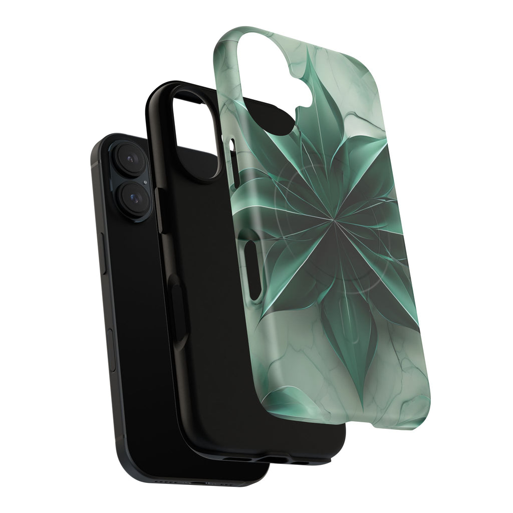 Emerald Bloom iPhone 16 MagSafe Phone Case -Modern Symmetrical Floral Design, Green