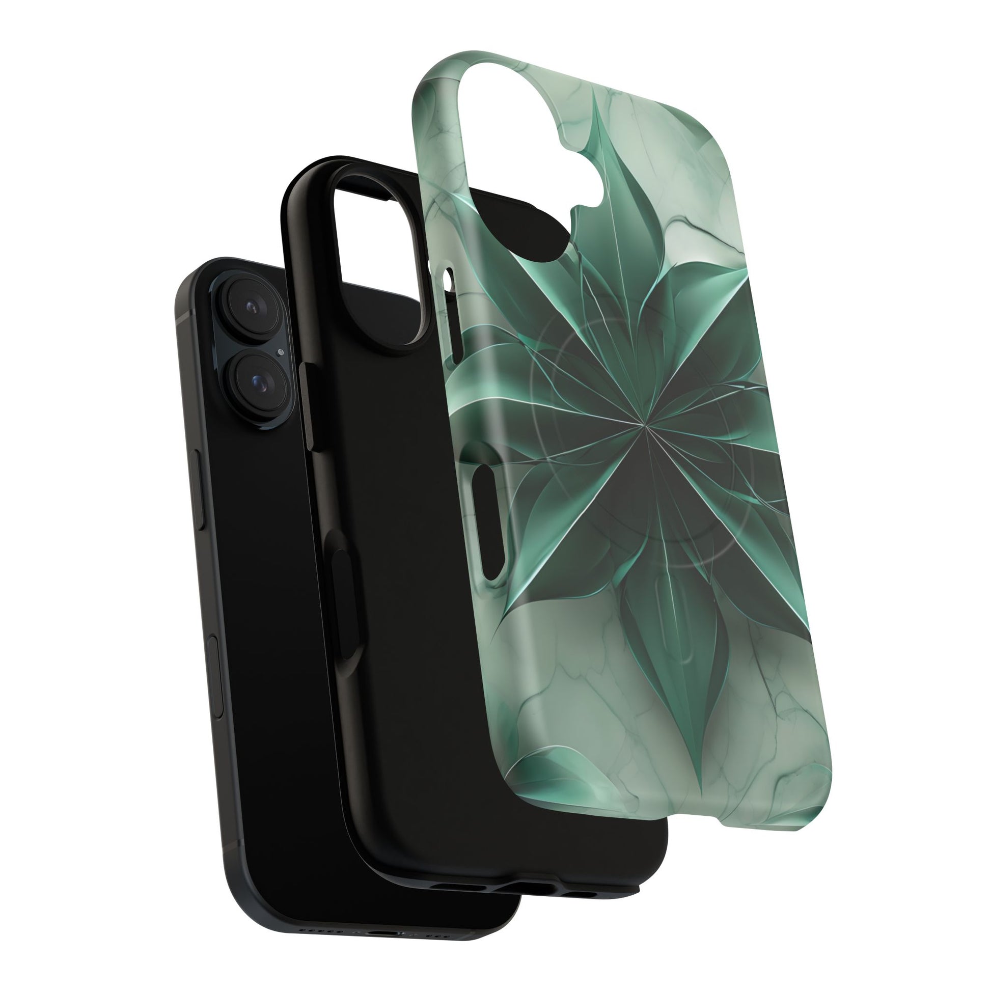 Emerald Bloom iPhone 16 MagSafe Phone Case -Modern Symmetrical Floral Design, Green