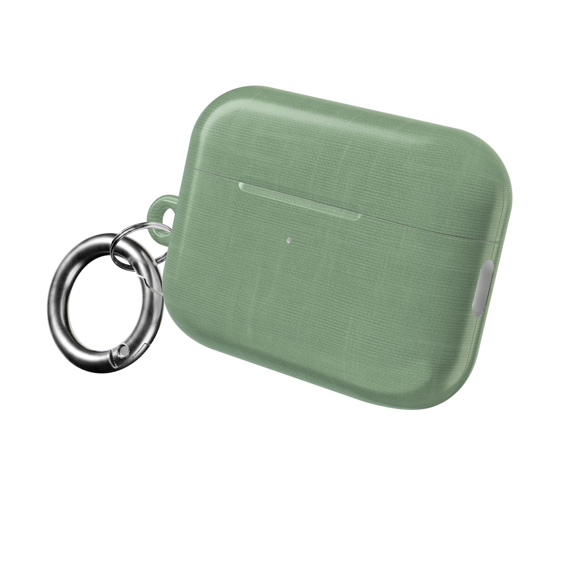 Sage Linen AirPods protective case with fabric texture design and attached carabiner clip