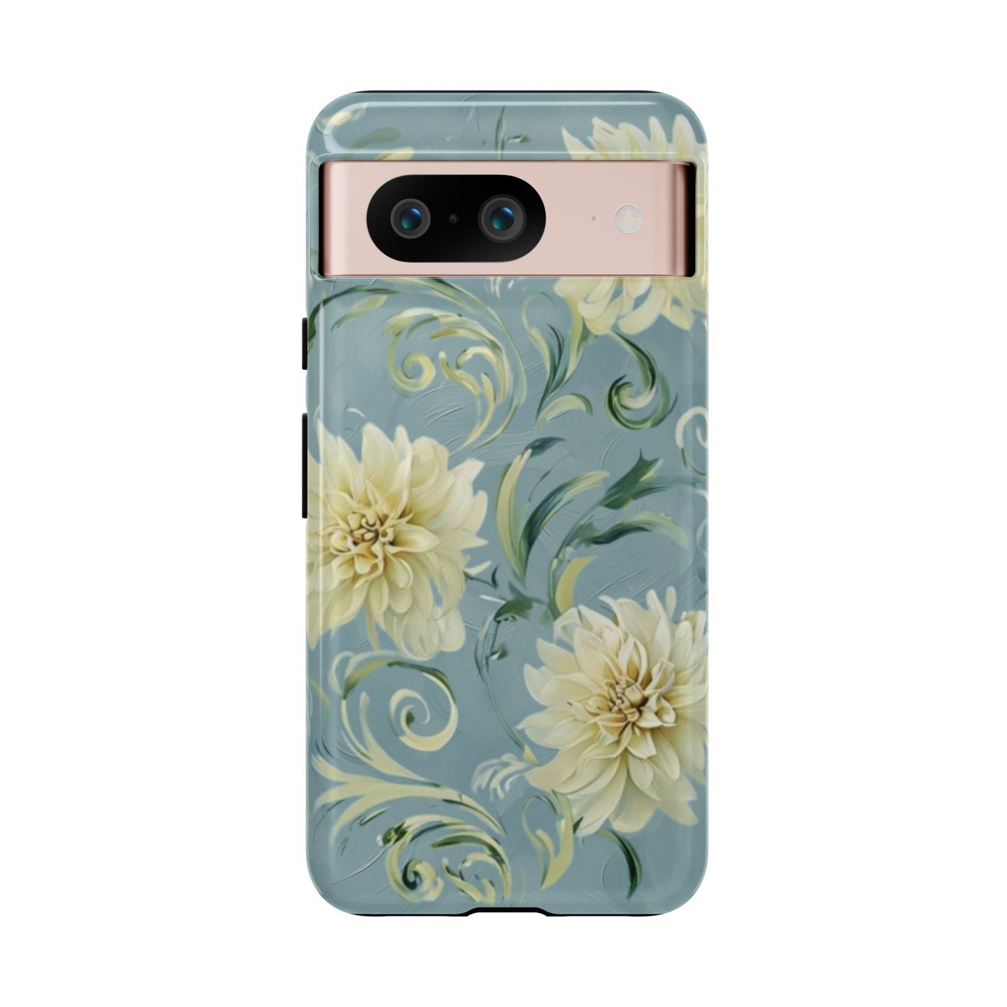 Golden Dahlia Trio - Elegant Floral Google Pixel Tough Phone Case - Artistic White & Blue Dahlia Design