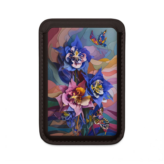 Blue Columbine Carnivale MagSafe card holder with vibrant blue and pink columbine flowers on colorful abstract background, black magnetic wallet.