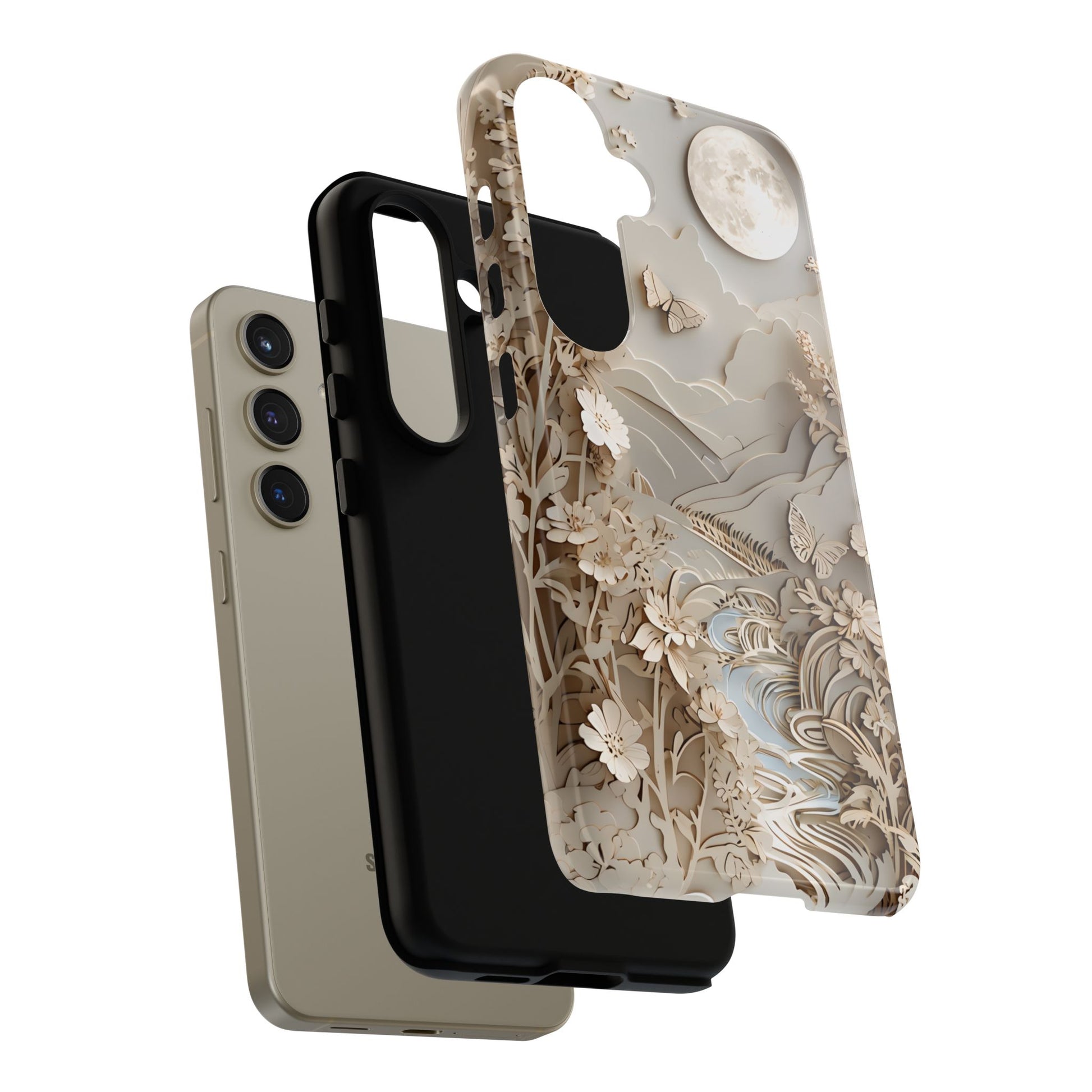 Moonlit Garden - Elegant Neutral Floral Samsung Galaxy S24 Tough Phone Case - Painterly Botanical & Moon Design
