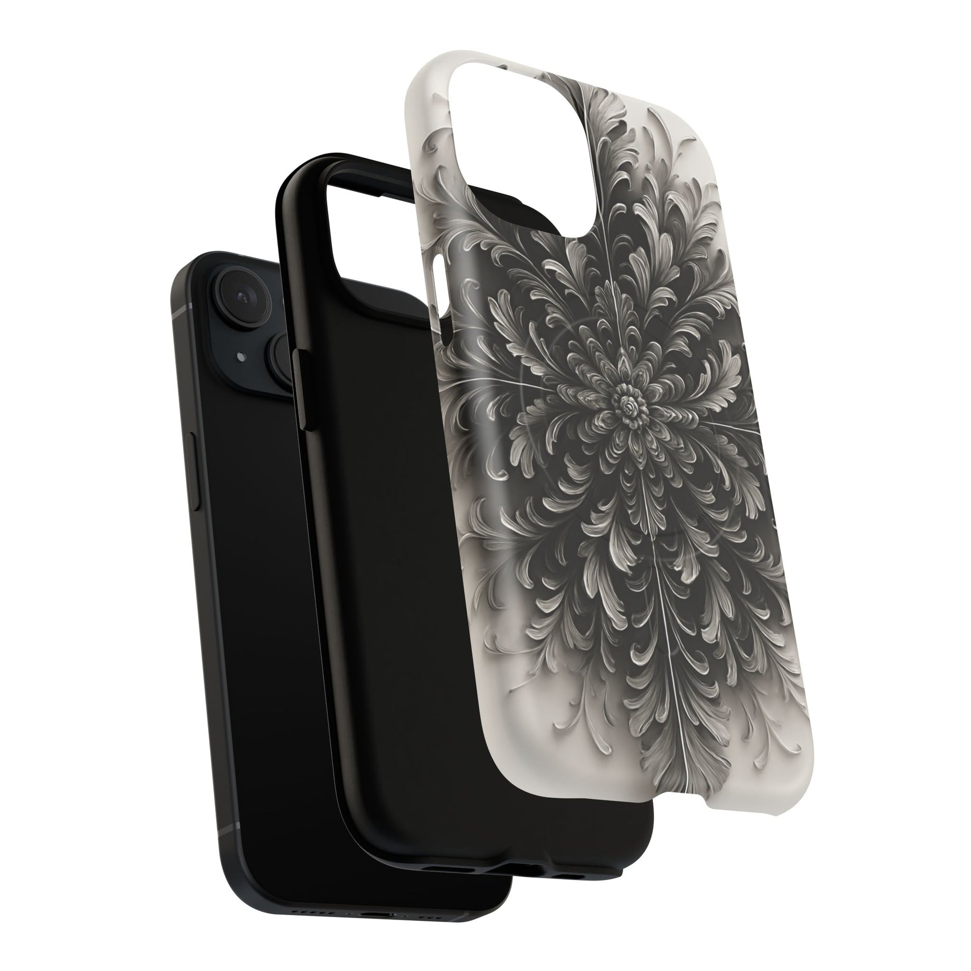 Obsidian Bloom - Elegant Black & White iPhone 15 MagSafe Phone Case - Intricate Mandala Flower Design