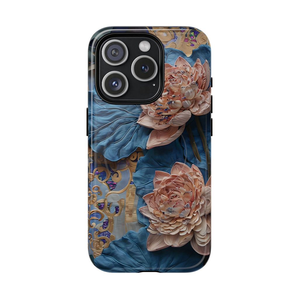 Peony Midnight Tapestry - iPhone 15 Pro - MagSafe Compatible - Elegant Blue & Blush Artful Phone Cover