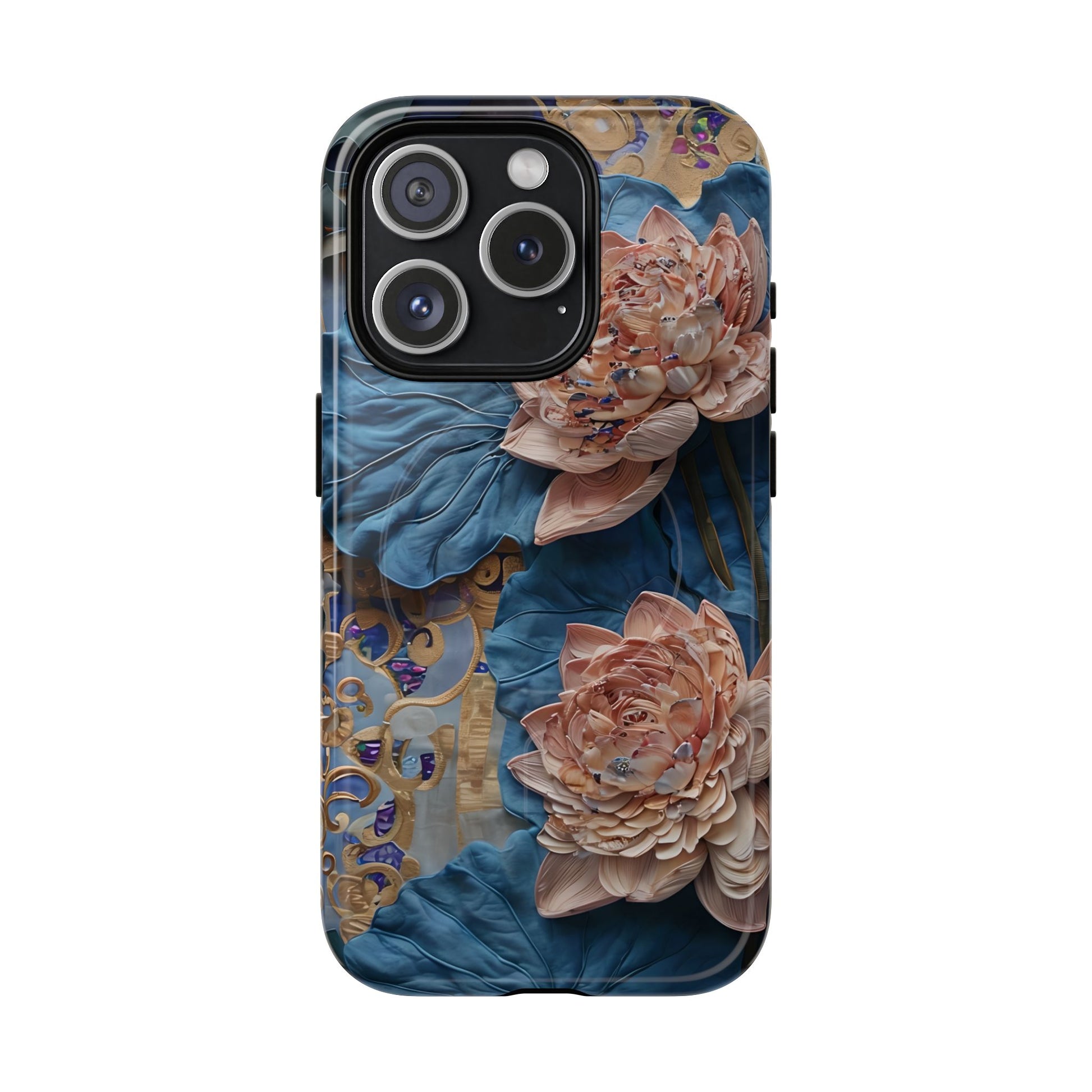 Peony Midnight Tapestry - iPhone 15 Pro - MagSafe Compatible - Elegant Blue & Blush Artful Phone Cover