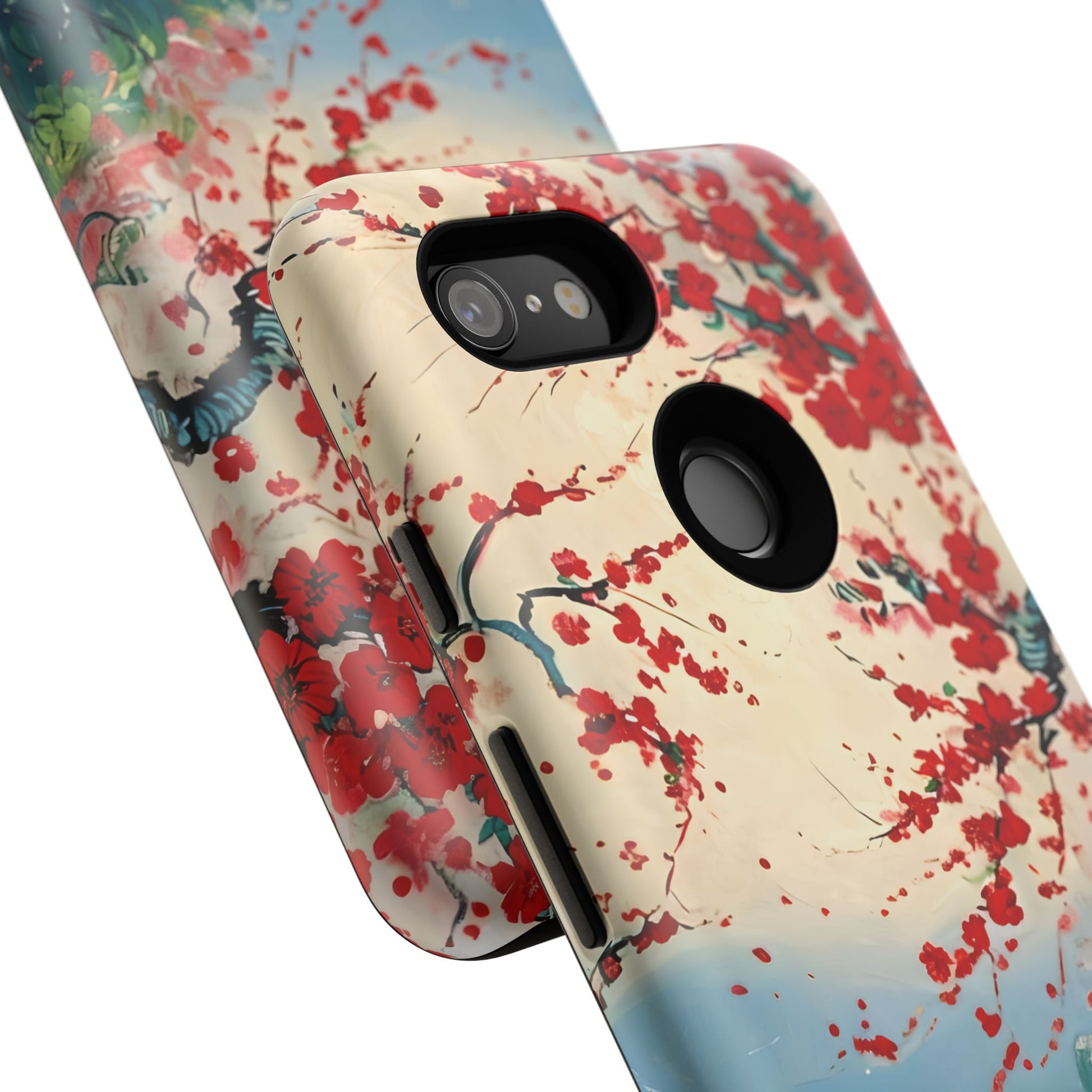 Crimson Blossom Lake - Artistic Floral Landscape Google Pixel 3 Tough Phone Case - Red Cherry Blossoms & Serene Lake Design