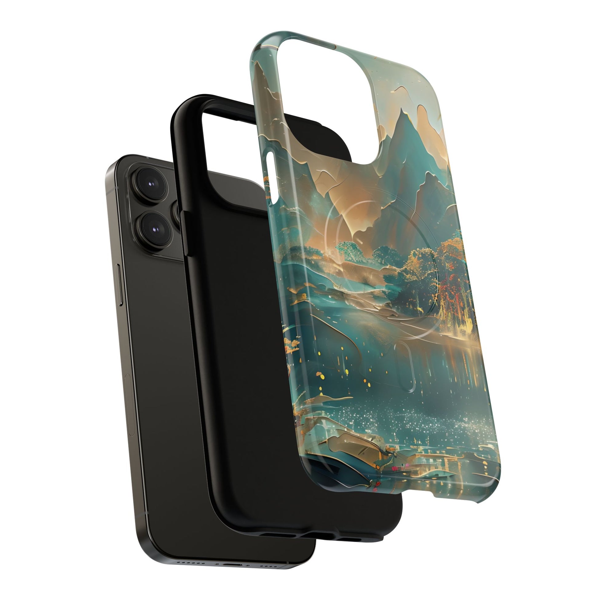 Misty Horizon - Serene Landscape Art iPhone 14 Pro Max MagSafe Phone Case - Tranquil Mountain & Lake Design