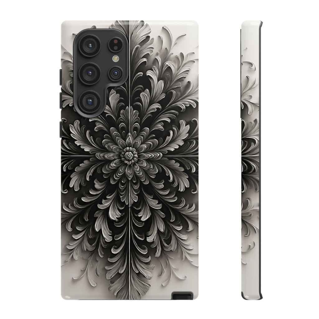 Obsidian Bloom - Elegant Black & White Samsung Galaxy S22 Ultra Tough Phone Case - Intricate Mandala Flower Design