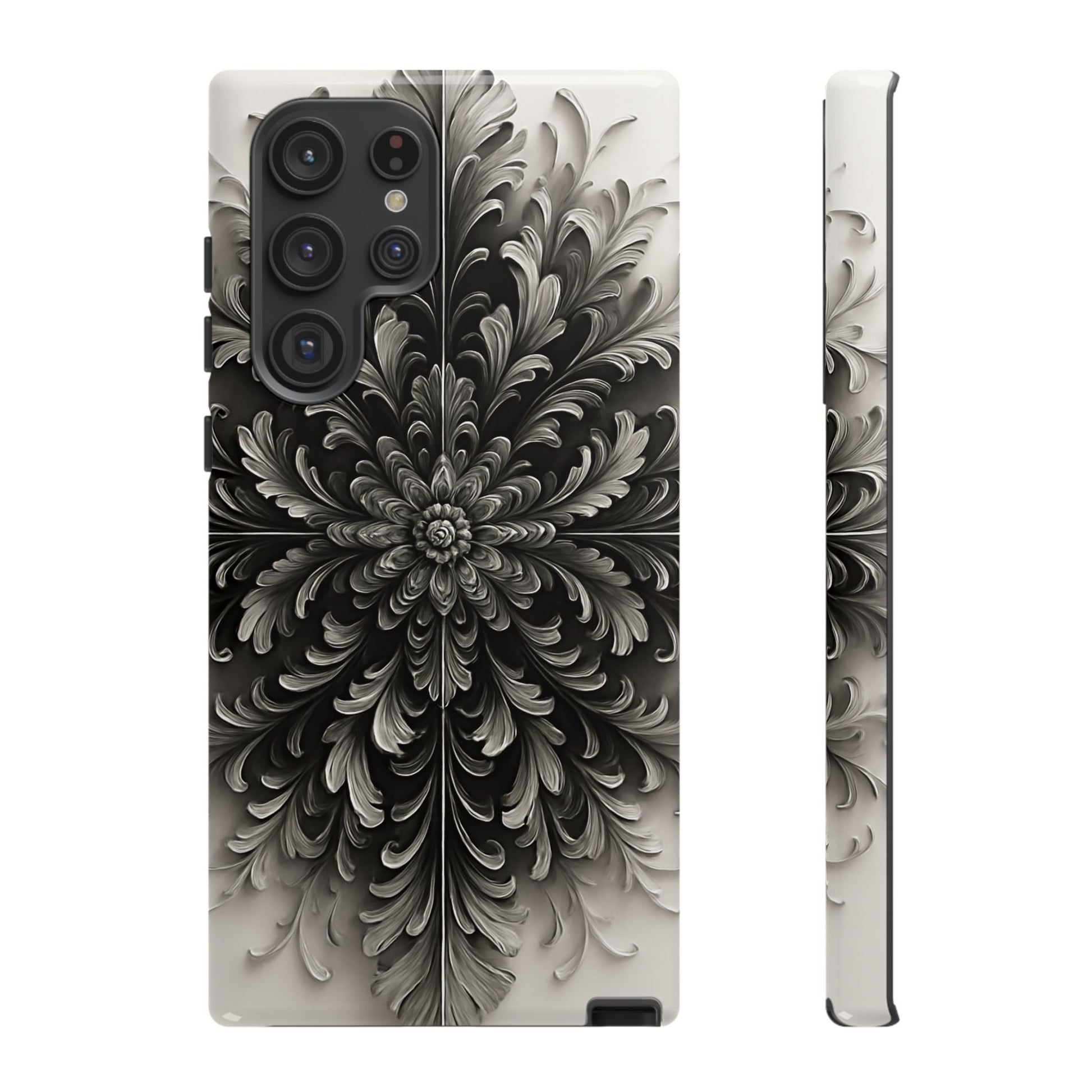 Obsidian Bloom - Elegant Black & White Samsung Galaxy S22 Ultra Tough Phone Case - Intricate Mandala Flower Design