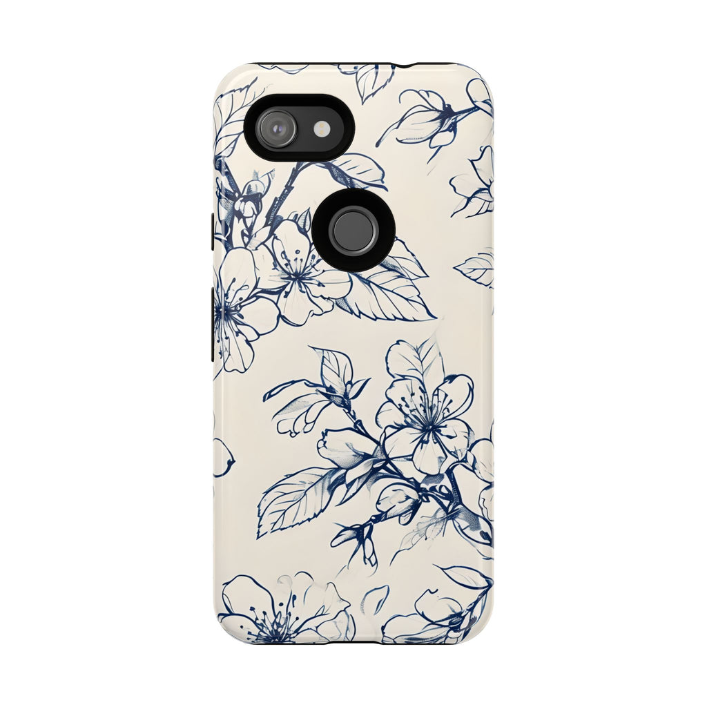 Blossom Sketch - Artistic Blue Floral Google Pixel 3a - Tough Phone Case - Hand-Drawn Botanical Design