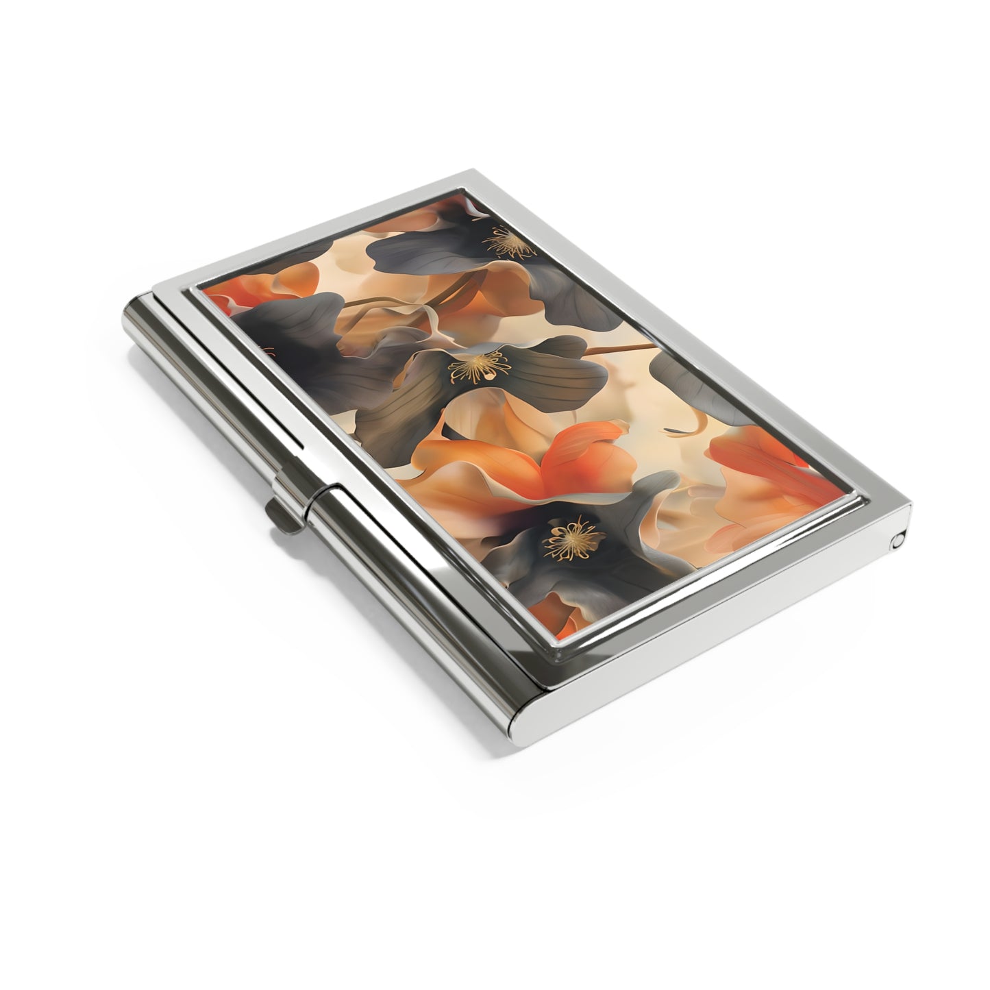 Autumn Ember orange and charcoal floral design business card holder closed angled view