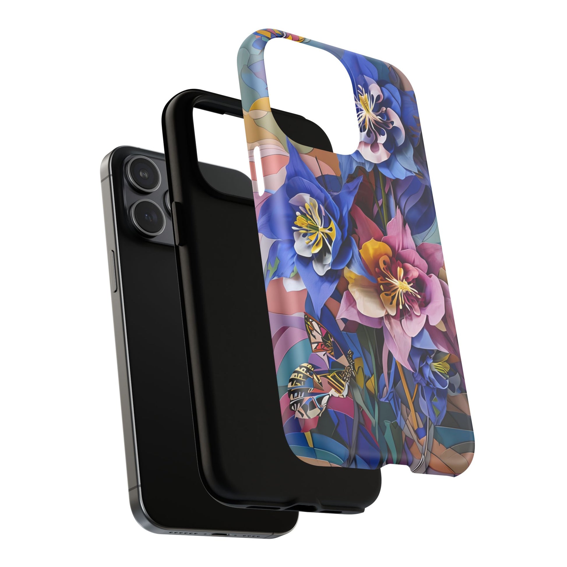 Blue Columbine Carnivale - Artistic Floral & Butterfly iPhone 15 Pro Max MagSafe Phone Case - Vibrant Botanical Design