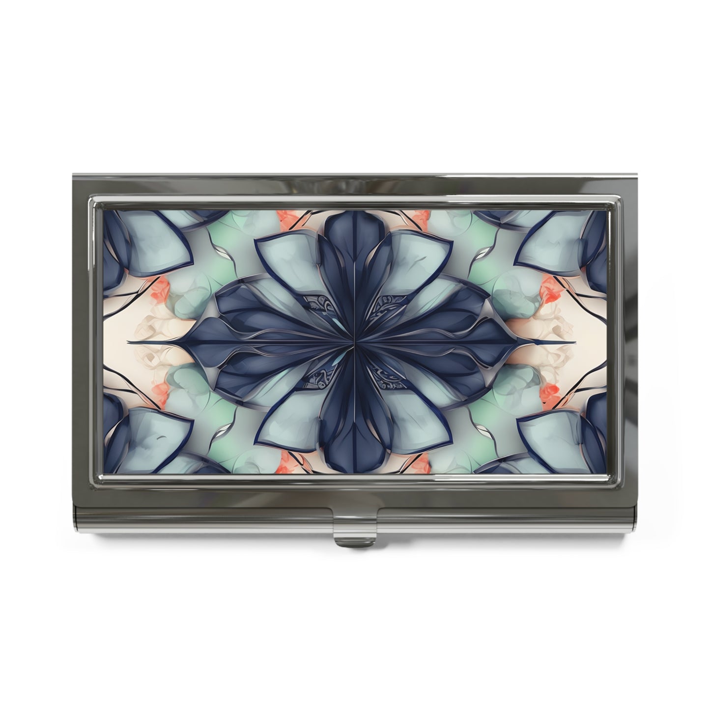 Midnight Mosaic Business Card Holder - Abstract Navy, Blush & Ivory Floral Design