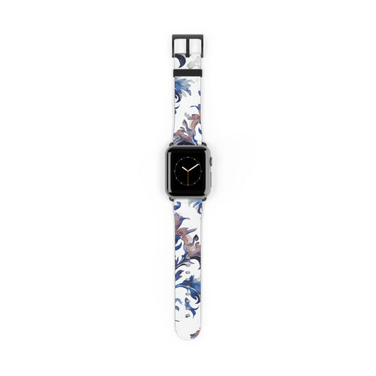 Delft Reverie Apple Watch band with watch face featuring classic blue and white Delft-inspired floral artwork