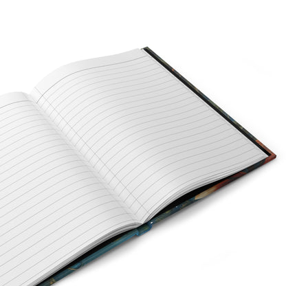 Open hardcover journal showing lined writing pages inside Waterlily Nocturne notebook