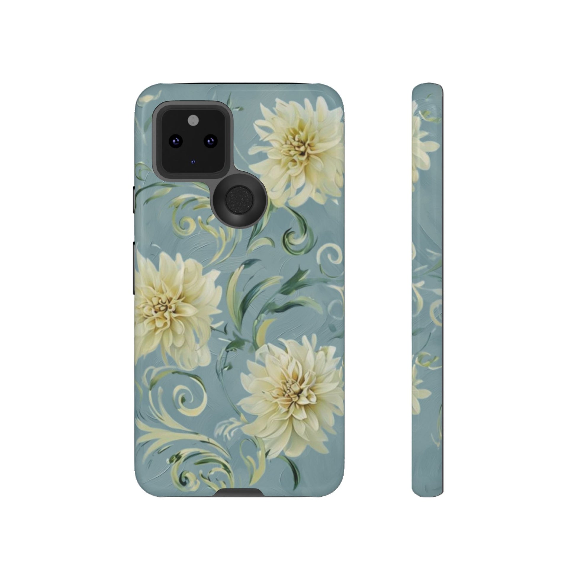 Golden Dahlia Trio - Elegant Floral Google Pixel 5 5G Tough Phone Case - Artistic White & Blue Dahlia Design