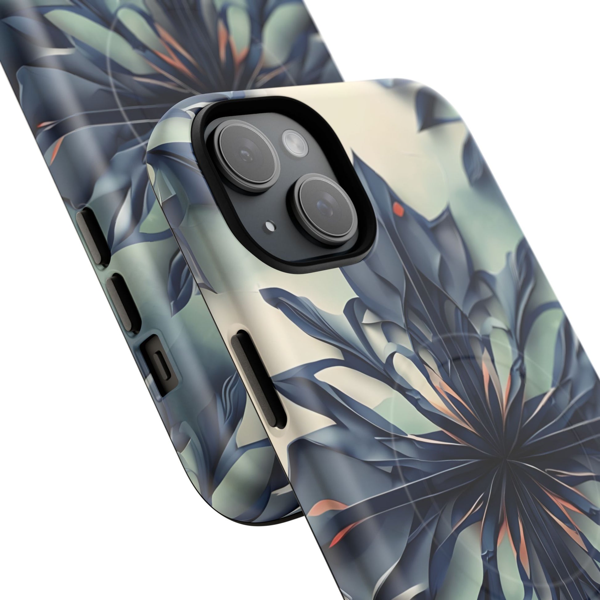 Frosted Indigo Bloom - Artistic Kaleidoscope Collection Artistic Floral - iPhone 15 Plus MagSafe Phone Case -Blue Symmetrical Design
