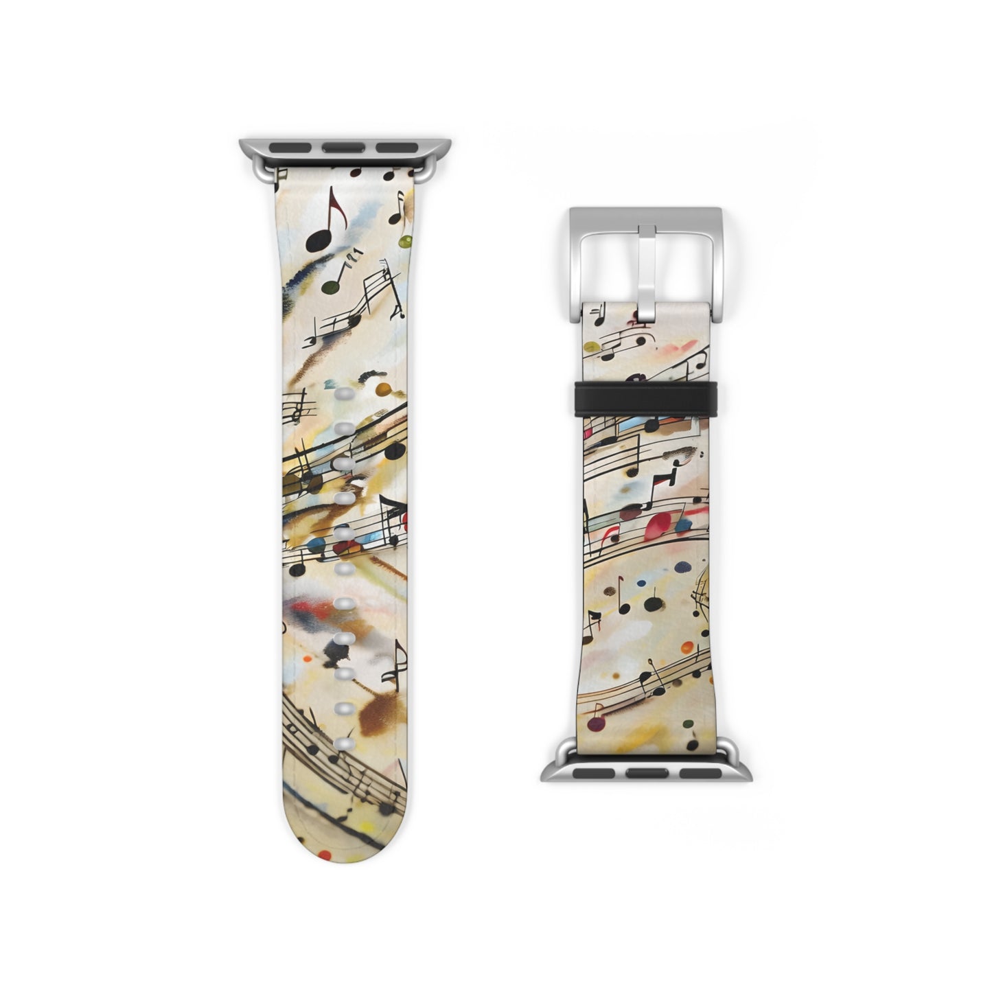 Melodic Flow Apple Watch band strap with musical notes and sheet music line artwork and silver clasp