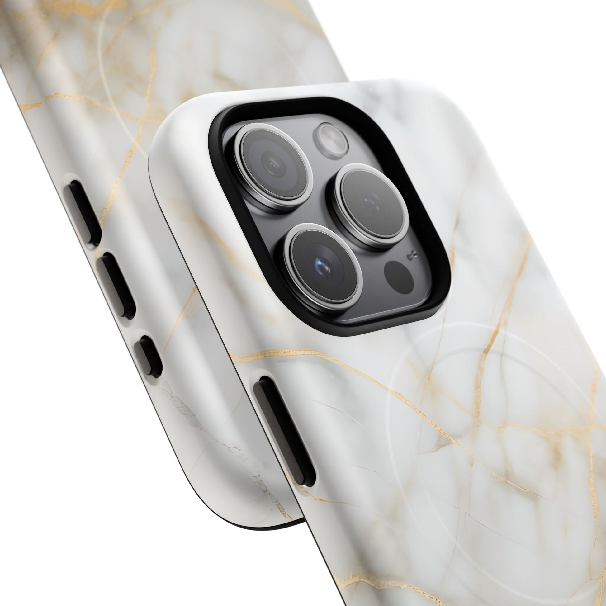Golden Vein iPhone 15 Pro MagSafe Phone Case -White Neutral Marble Design