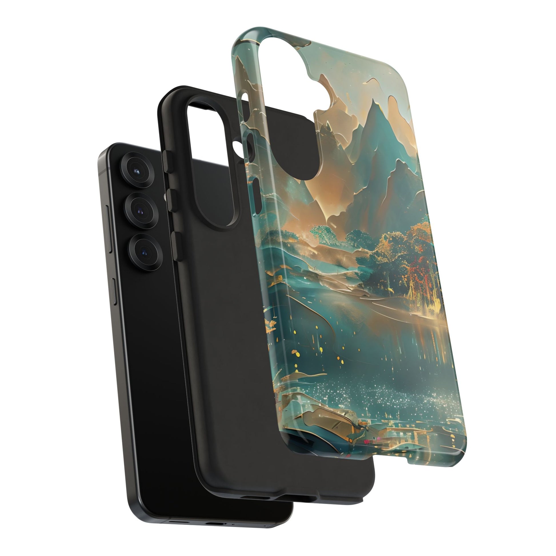 Misty Horizon - Serene Landscape Art Samsung Galaxy S25 Tough Phone Case - Tranquil Mountain & Lake Design