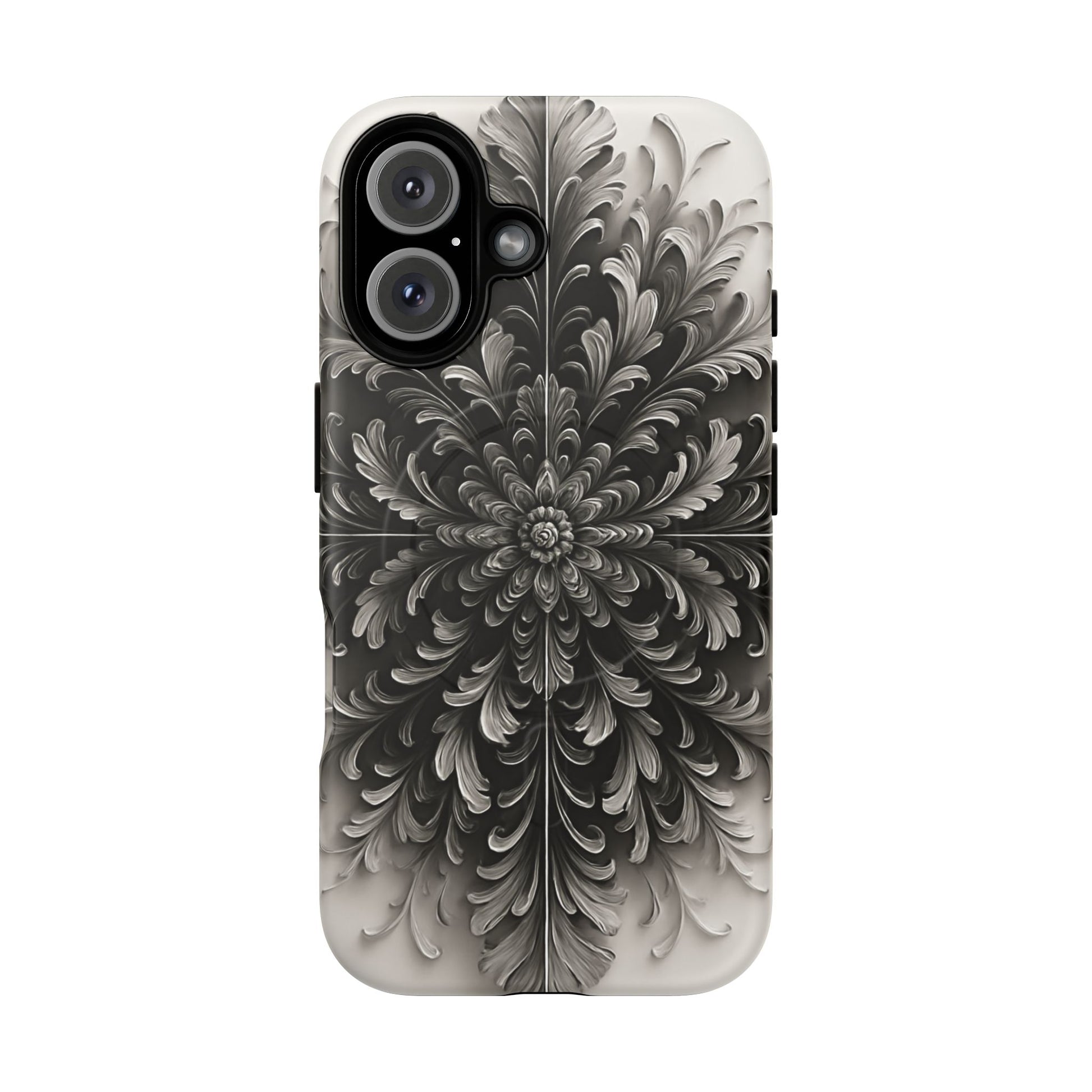 Obsidian Bloom - Elegant Black & White iPhone 16 MagSafe Phone Case - Intricate Mandala Flower Design