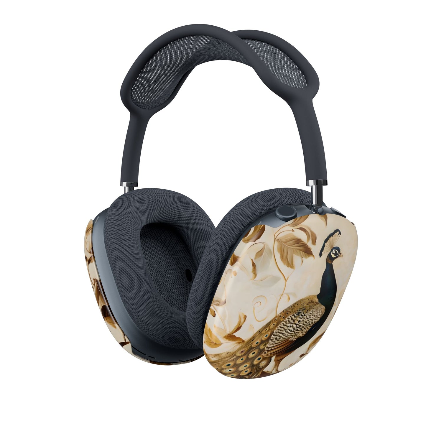 Golden Plumage AirPods Max cover with elegant gold and black peacock on cream background, angled view on Apple AirPods Max headphones