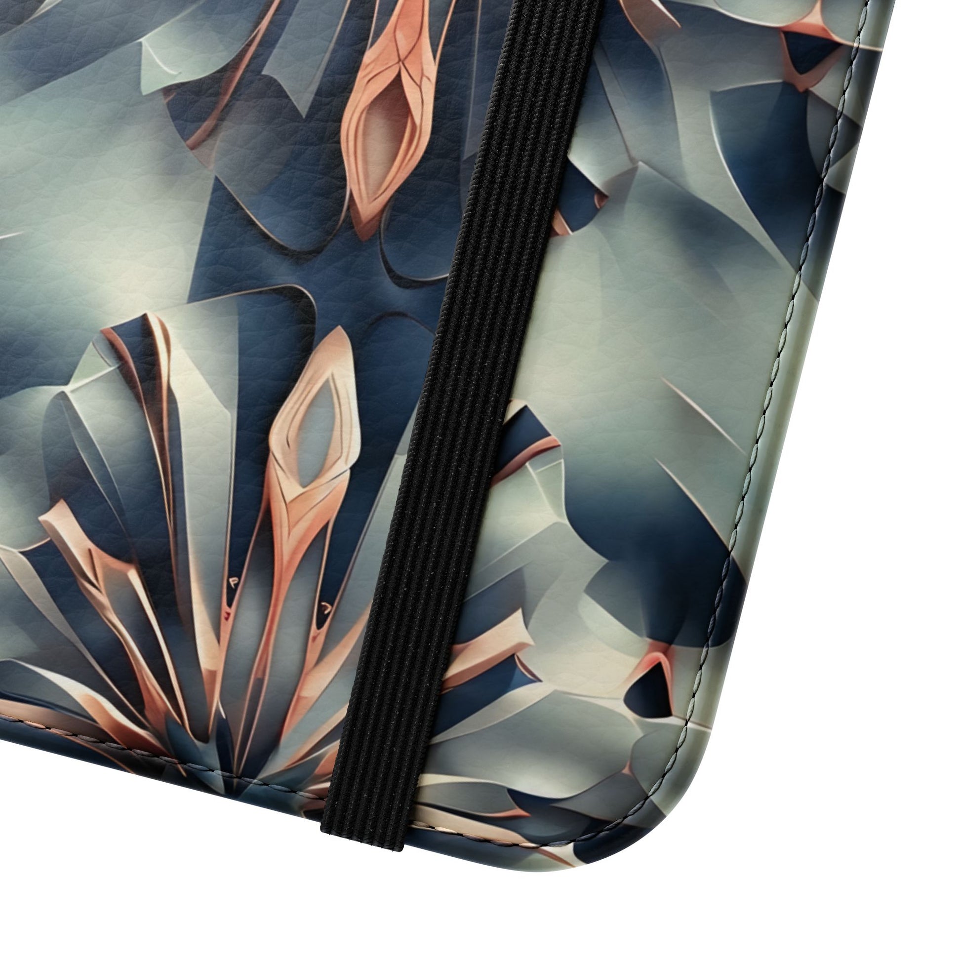 Close view of Obsidian Kaleidoscope geometric iPhone wallet flip phone case with elastic closure