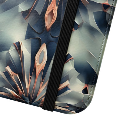 Close view of Obsidian Kaleidoscope geometric iPhone wallet flip phone case with elastic closure