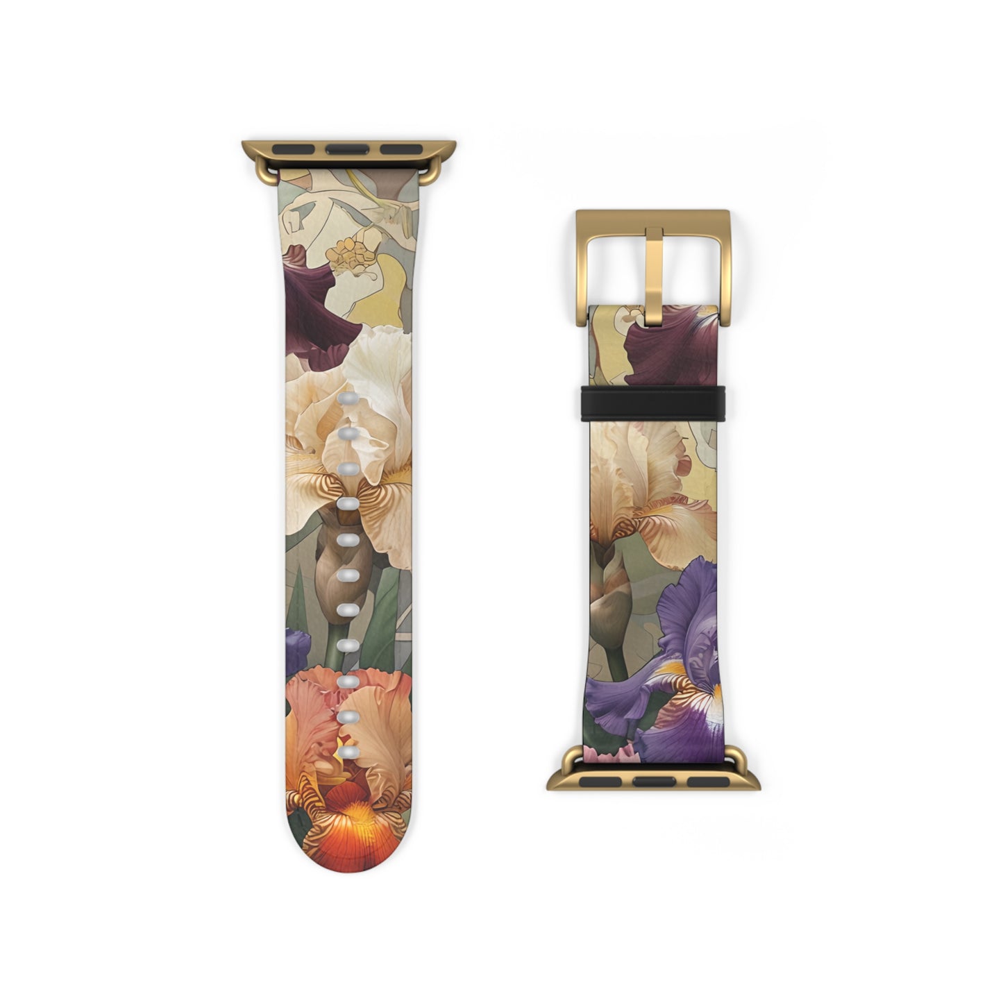 Iris Reverie Apple Watch band strap with gold clasp featuring elegant iris flower artwork in rich purple and warm tones