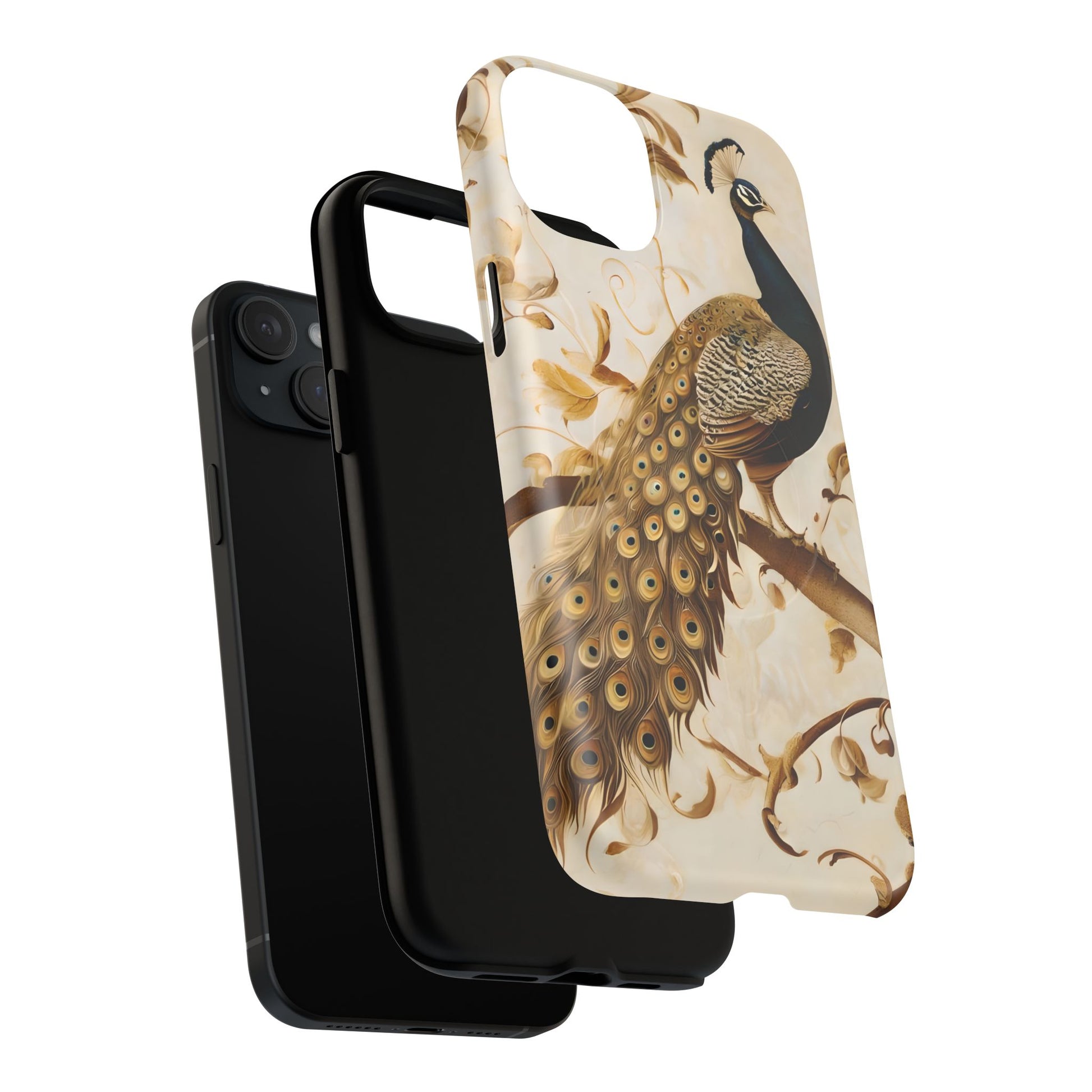 Golden Plumage - Luxe Peacock Art iPhone 15 Plus Phone Case - MagSafe Compatible - Elegant Gold & Cream Design